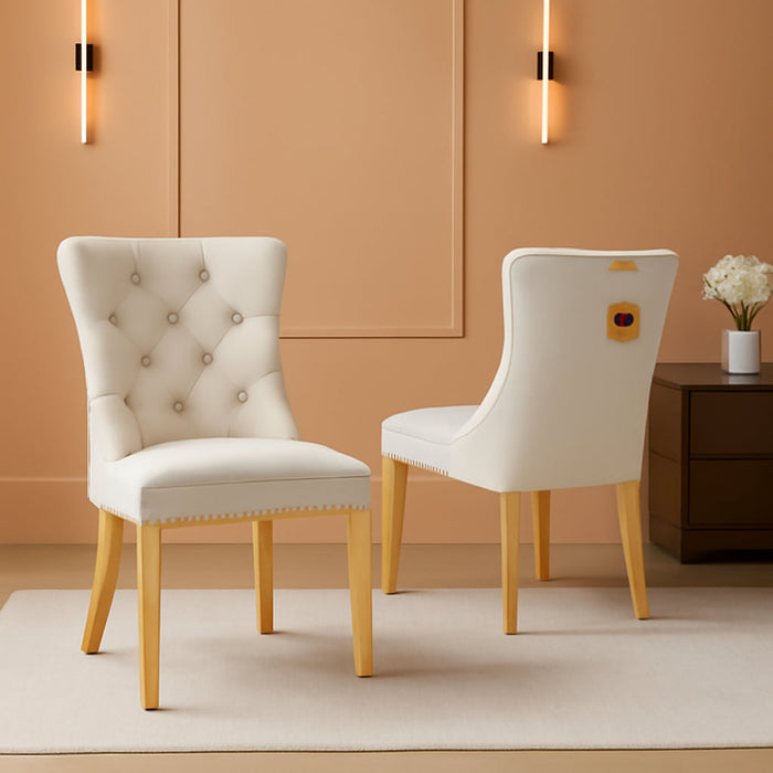 Velvet Dining Chair Set of 2 Upholstered Tufted Dining Room Chair with Nailhead Trim and Stainless Steel Gold Plated Legs for Kitchen, Restaurant, Beige