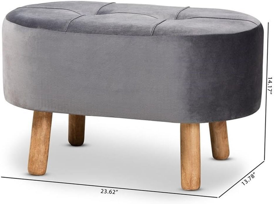 Simone Mid-Century Modern Grey Velvet Fabric Upholstered Wood Ottoman