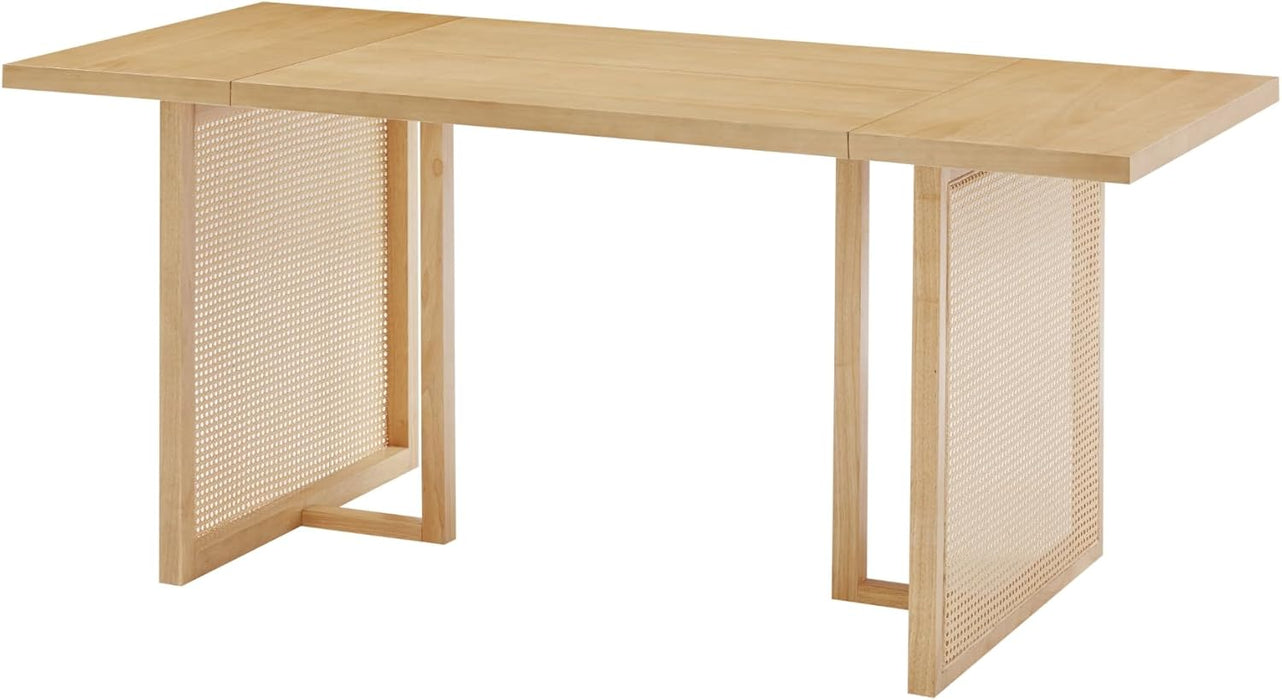 Willow Boho Dining Table for 6 with Solid Wood Legs, 6-Person Natural Wood Dining Table, Warm Pine or Brown Dining Table with Bohemian Rattan Accent