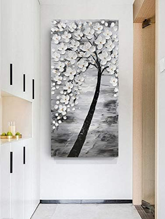 3D White Flower Canvas Wall Art Hand Painted Grey Paintings Vertical Artwork for Living Room Bedroom Hallway Decoration