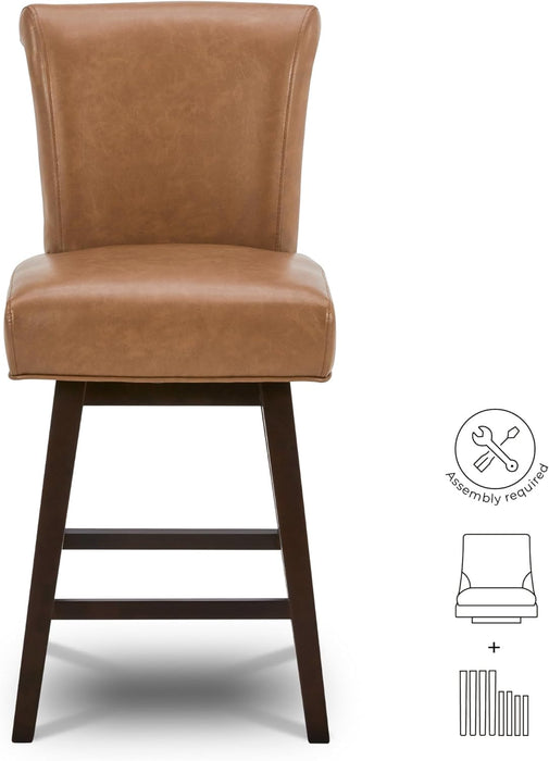 26 Inch Counter Height Swivel Bar Stools Set of 2, FSC Certified Modern Upholstered Faux Leather Swivel Barstool Chair with Back, Saddle Brown