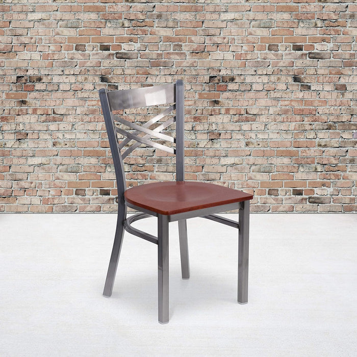 2 Pk. HERCULES Series Clear Coated ''X'' Back Metal Restaurant Chair - Cherry Wood Seat