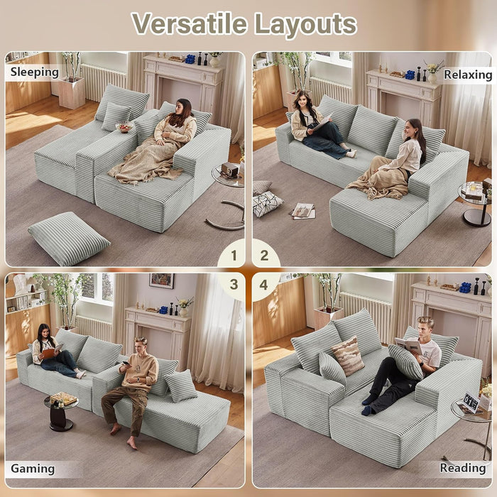 107Inch Grey Corduroy LShaped Modular Sleeper Sofa
