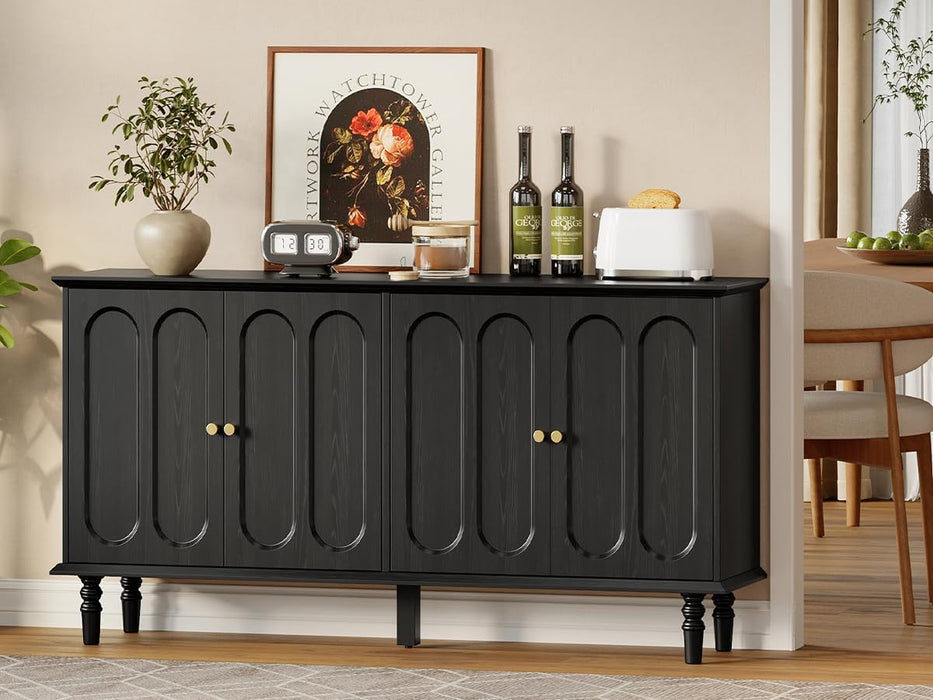 63 Inch Buffet Cabinet with Storage, Arched Sideboard Cabinet with 4 Doors and Adjustable Shelves, Wooden Coffee Bar for Kitchen, Living Room, Entryway, Black