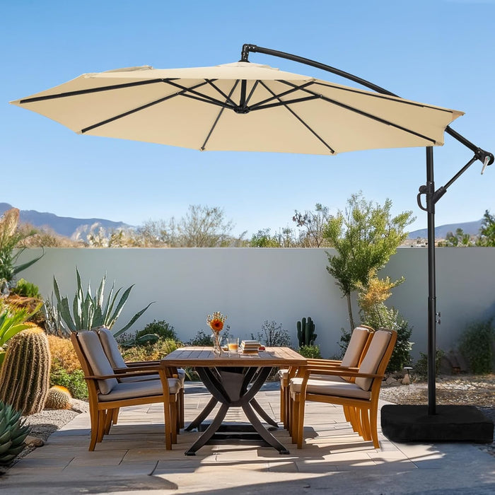 10Ft Patio Umbrella with Base Included, Outdoor Offset Cantilever Umbrella with Sandbag Base for Backyard, Garden and Pool, Easy to Tilt and Crank, Beige
