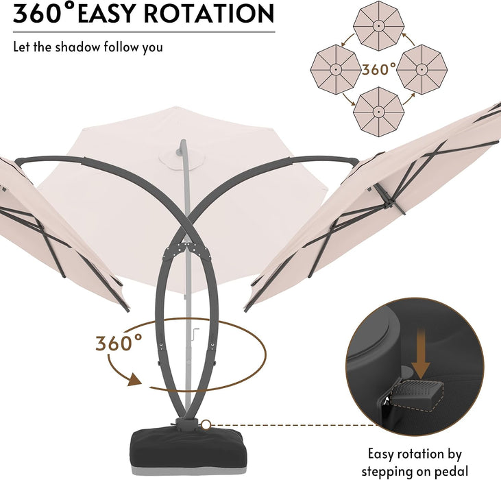 11FT Solar Powered LED Light Cantilever Patio Umbrella with Base Included, Large Cantilever Umbrella with 360°Rotation, Heavy-Duty Offset Outdoor Umbrella for Patio,Pool,Backyard (Champagne)