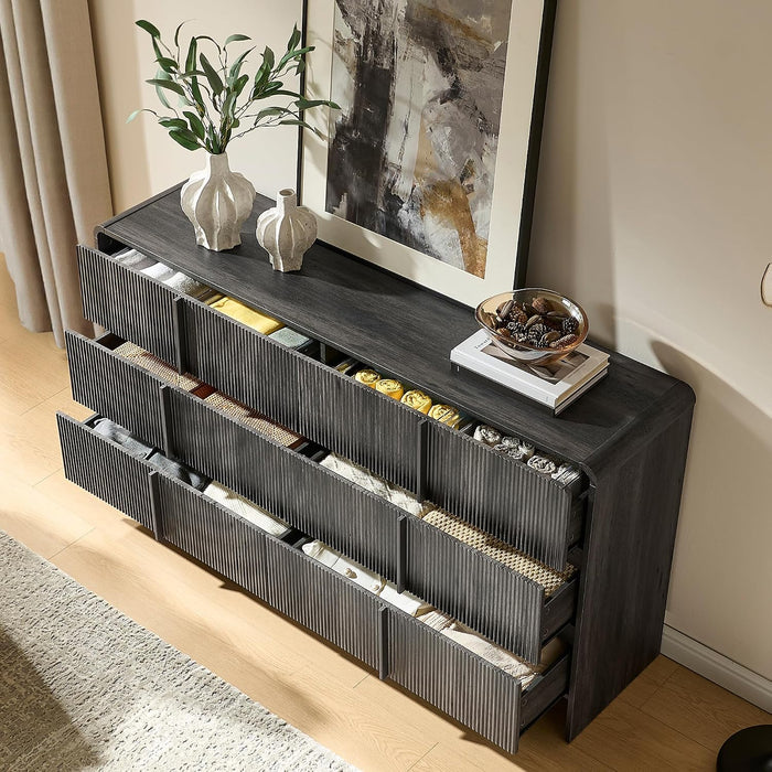 Fluted 6 Drawer Dresser 63" Long with Pine Handles, Black