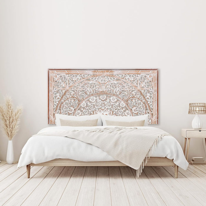 Queen Wood Headboard White-Wash | Carved Full Headboard Only | Wooden Headboard Full Size Bed | Wall Mount Headboard Queen | Full Bed Headboard Panels (Queen, Sumber, Antic)