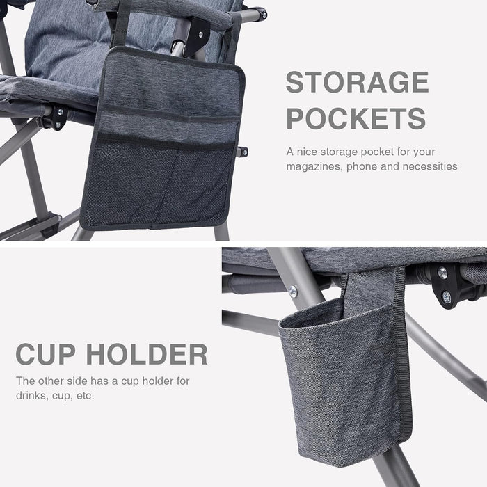 Oversized Folding Rocking Camping Chair, Padded Portable Rocker Chair for Patio, Lawn and Outdoors, Heavy Duty Hard Armchair for Adults Supports 400Lbs, Grey