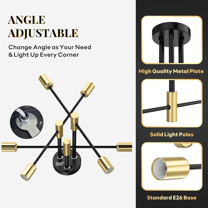 Modern Sputnik Chandelier Ceiling Light Fixtures, 6-Lights Mid Century Industrial Metal Semi Flush Mount Lamp for Bedroom Dining Room Living Room Kitchen Hallway Office-Black and Gold