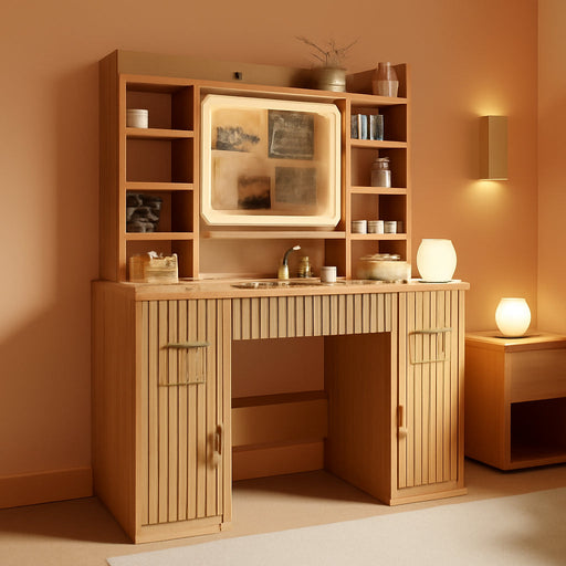 43.3" Fluted Vanity Desk with Mirror and Lights, Wood Makeup Vanity Desk with Charging Station & Mobile Mirror, Modern Dressing Table with Adjustable Shelves & Jewelry Hooks for Girls, Women, Oak