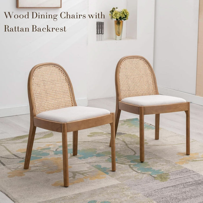 Rattan Dining Chairs Set of 4, Upholstered Linen Dining Room Chairs with Backrests, Modern Kitchen Chairs with Wood Legs for Dining Room, Beige