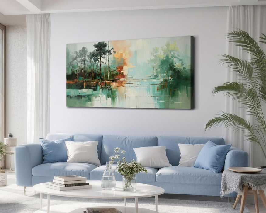 Modern Abstract Landscape Canvas Wall Art 48"X24", Teal Green Forest Lake Picture Textured Painting Artwork Framed for Living Room Bedroom Office Home Decor