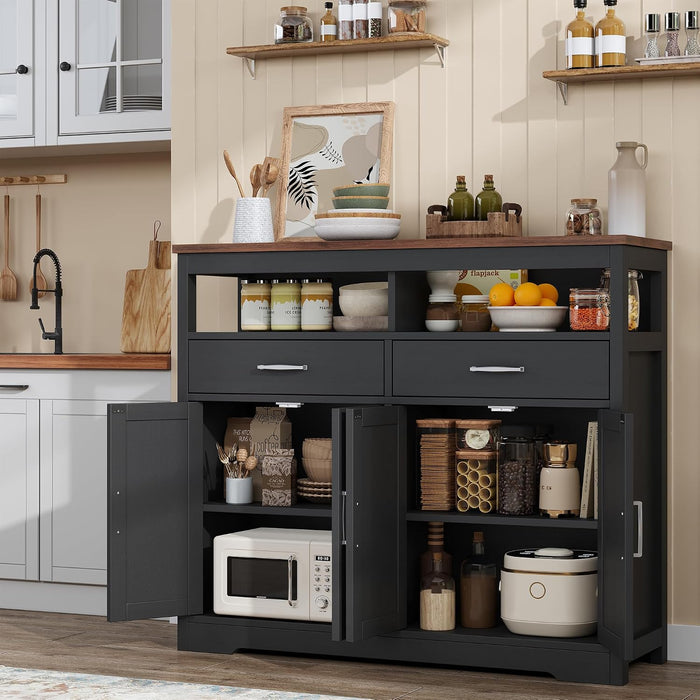Sideboard Buffet Cabinet with Storage & Shelves, Farmhouse Kitchen Storage Cabinet Wood Coffee Bar Sideboard Cabinet with 4 Doors for Kitchen, Living Room, Entryway, 47" W Black