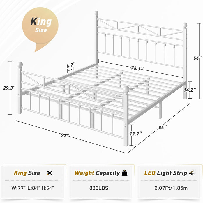 54" Metal King Bed Frame with Tall Headboard & Footboard, LED Light King Bed Frame, Strong Metal Slats Support and Noise-Free Design with under Bed Storage/No Box Spring Needed/White