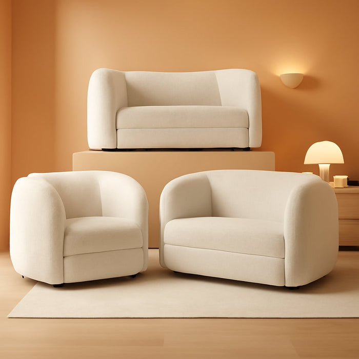 Nimiane Modern Boucle 3 Piece Sofa Set with Curved Arms and Wooden Legs, Accent Furniture Sets for Living Room, Home Office, Bedroom, Lounge, Off-White