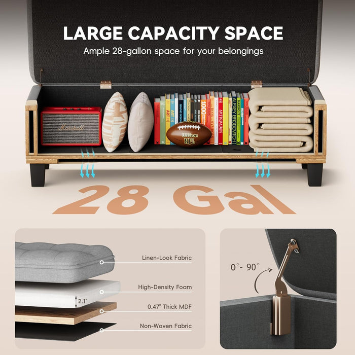 47 Inches Ottoman with Storage, Storage Bench with Legs, Ottomans for Living Room, Entryway, Adjustable & Movable, Easy Assembly, Linen Fabric Light Gray