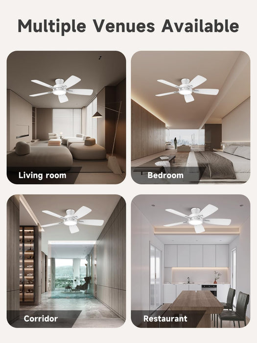 Ceiling Fans with Lights and Remote, 46 Inch Low Profile Ceiling Fan with Light, Flush Mount, Reversible, 3CCT, Dimmable White Modern Ceiling Fan for Bedroom, Living Room, Outdoor Patio
