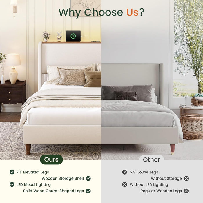 Queen Size Bed Frame with LED Lights and Charging Station Linen Upholstered Platform Bed Frame with 51.2" Tall Headboard Wingback and Storage Shelf, No Box Spring Needed, Noise Free, Beige