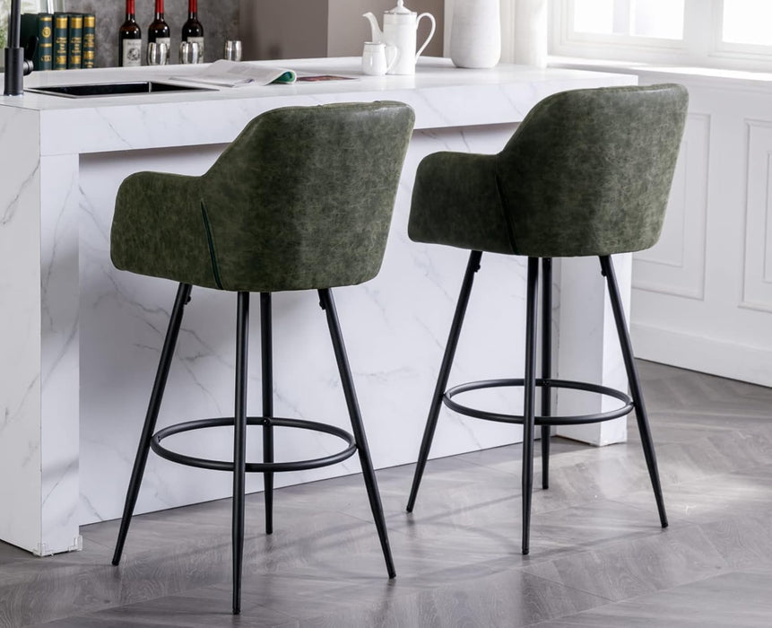 Modern Bar Stools Set of 2 Bar Height Barstools with Back and Arms High Bar Chairs with Metal Footrest Leather Upholstered Island Chairs for Kitchen Counter/Home Bar/Dining Room, Green