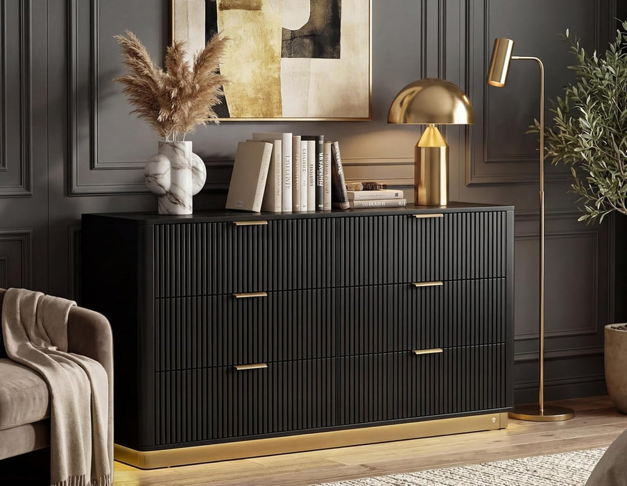 Fluted Dresser for Bedroom with 6 Drawers, 54" Wide Modern Chest of Drawers with Lighting, Wooden Dresser TV Stand with Curved Edges, Closet Organizer for Living Room, Hallway, Black