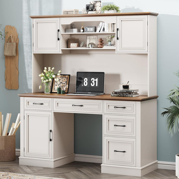 67" H Farmhouse Executive Desk with Hutch.Wood Workstation with 5 Drawers,Storage Cabinet,File Drawers and Charging Station, Ideal as Office Desk,Computer Desk for Home Office, Study(White