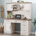 67" H Farmhouse Executive Desk with Hutch.Wood Workstation with 5 Drawers,Storage Cabinet,File Drawers and Charging Station, Ideal as Office Desk,Computer Desk for Home Office, Study(White