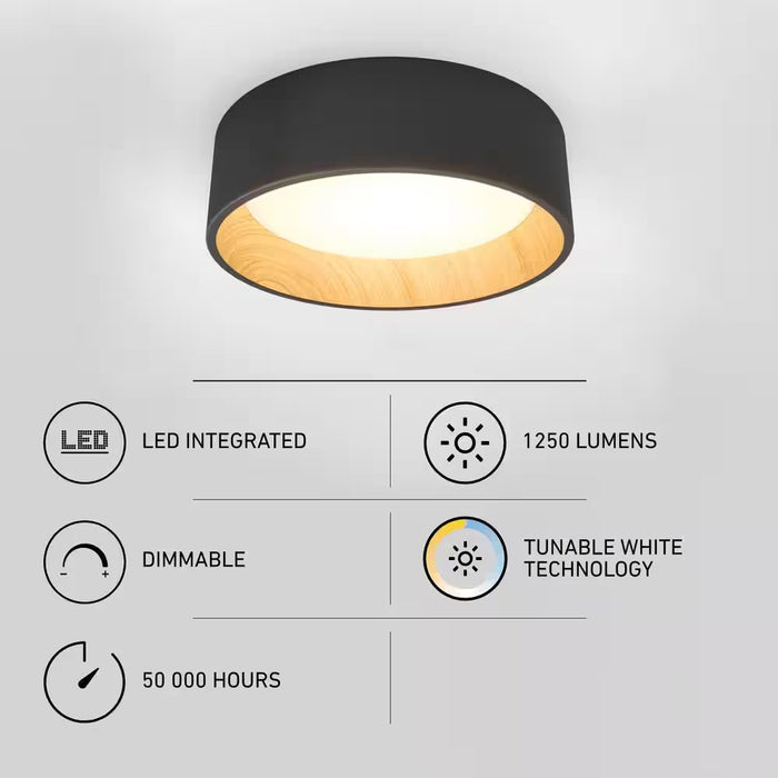 Alton 13 In. 1-Light Modern Black and Wood Integrated LED 3 CCT Flush Mount Ceiling Light Fixture for Kitchen or Bedroom