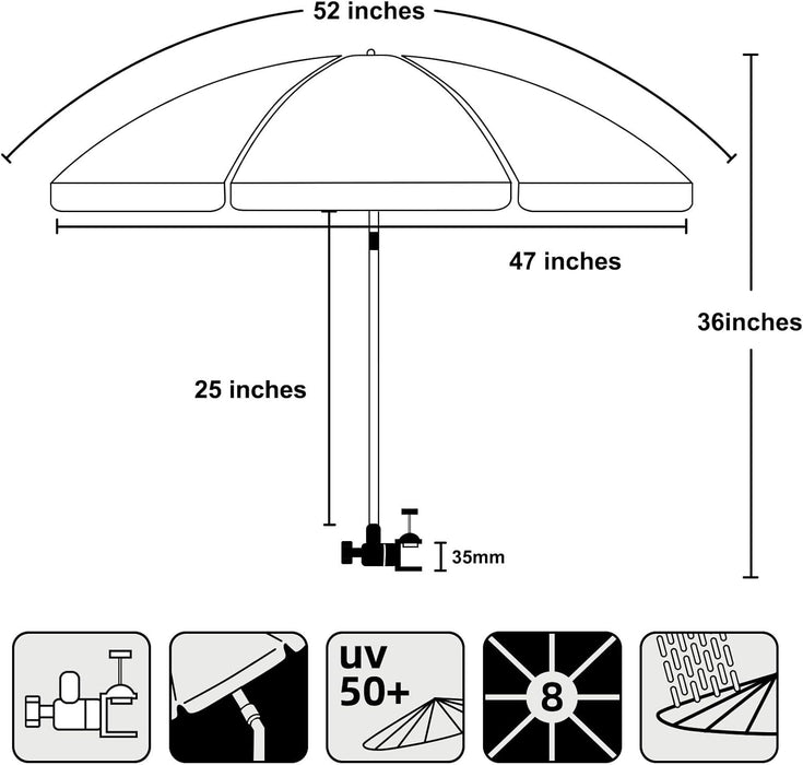 XL Chair Umbrella with Universal Clamp 52 Inches and 360-Degree Swivel UPF 50+, Portable Clamp on Camping or Beach Chair, Stroller, Wheelchair, Golf Cart, Blue, Large-Sized