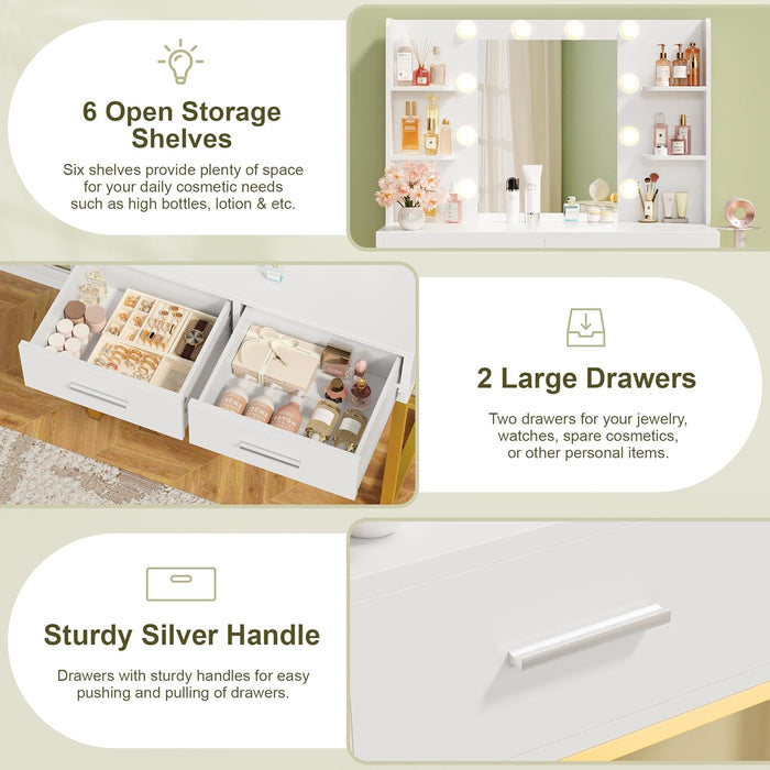 Vanity Desk with Mirror, Makeup Table with 2 Large Drawers, Power Outlet and round Holder, 3 Color Modes Adjustable Bulb, White & Gold