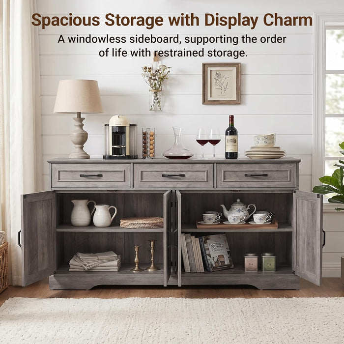 66" Large Sideboard Buffet Cabinet with Storage, Farmhouse Buffet Sideboard | Grey Coffee Bar, Wine Bar, Rustic Kitchen Storage Cabinet with Drawers, Weathered Ash, Ample Storage Space, Adjustable Shelf