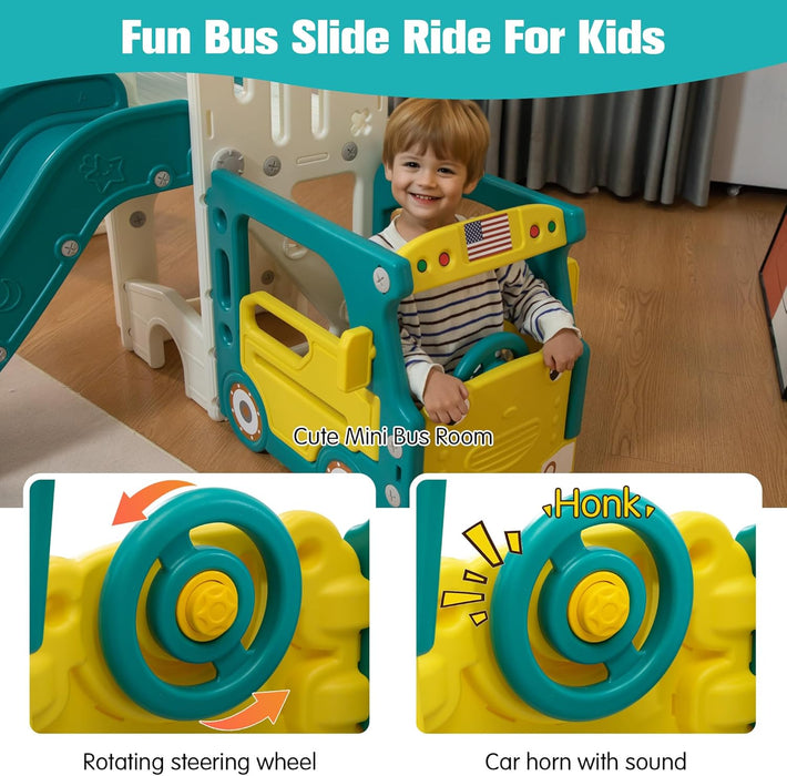 9-In-1 Toddler Slide, Bus-Themed Baby Slide and Climber Playset with Basketball Hoop, Ring-Toss, Car Playhouse, Kids Indoor and Outdoor Playground