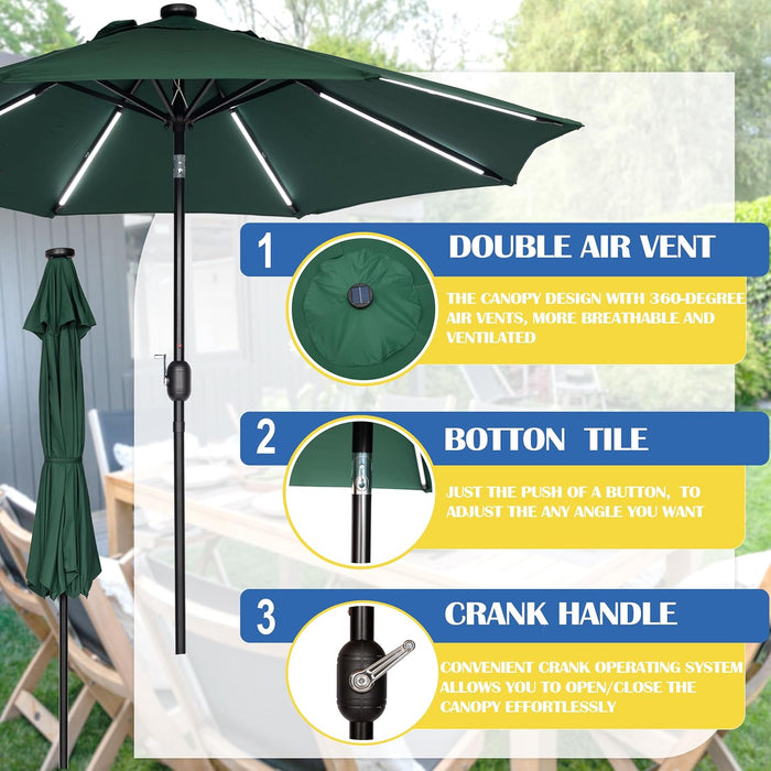 9FT Outdoor Solar LED Lighted Patio Umbrella with 8 LED Strip Lights & 8 Ribs, Convenient Crank Lift System
