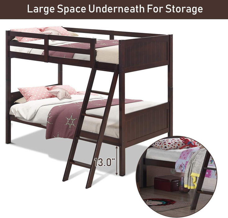 Wood Twin over Twin Bunk Beds Convertible 2 Individual Twin Beds for Kids Children, Solid Rubberwood Bunk Bed with Ladder and Safety Rail (Espresso)