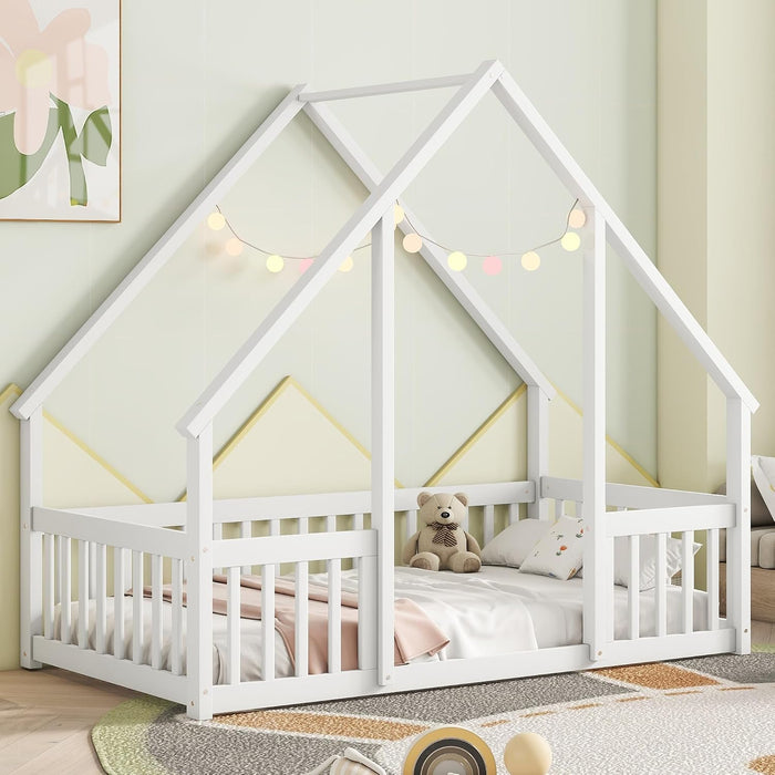 Twin White Montessori House Floor Bed IntegratedFence