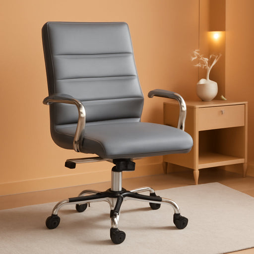 Whitney High-Back Swivel Leathersoft Desk Chair with Padded Seat and Armrests, Adjustable Height Padded Office Chair, Gray/Chrome
