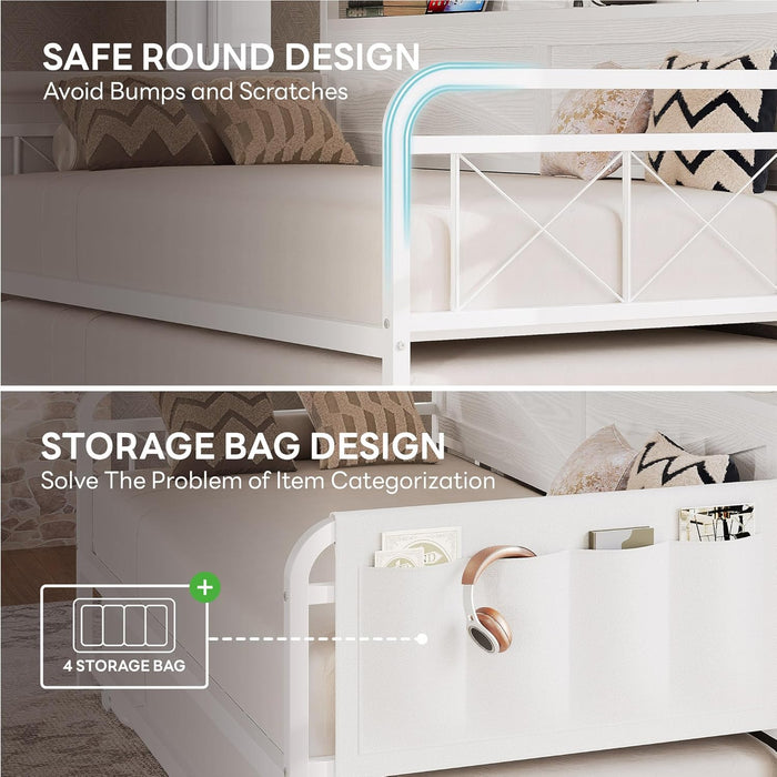 Twin Daybed with Trundle Bed, Storage Headboard with Charging Station, Sofa Day Bed with Strong Supports for Living Room, Bedroom, and Guest Room, White
