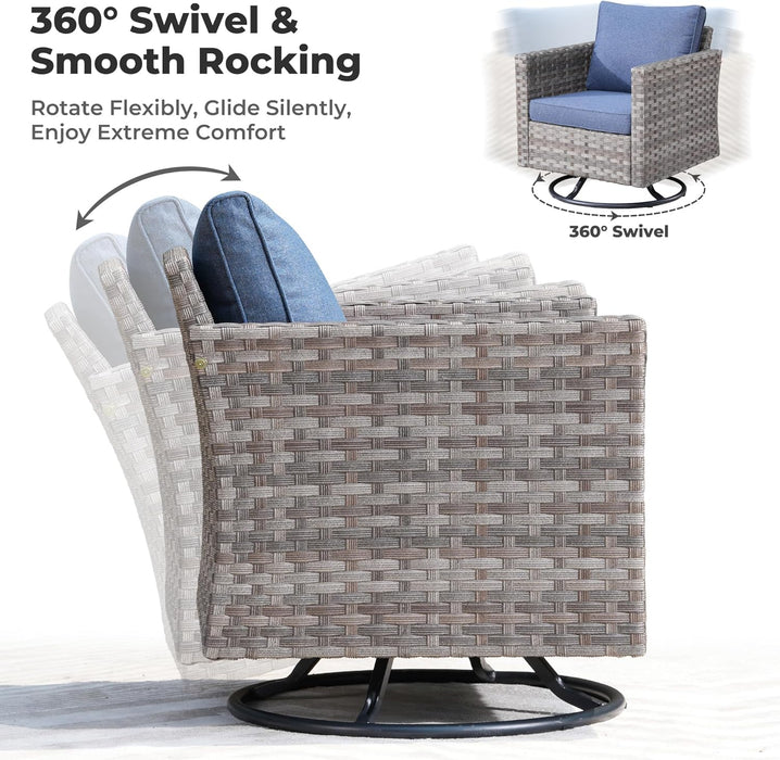 9 Pieces Patio Furniture Set, Outdoor Wicker Sectional Sofa with 2 Swivel Chairs Coffee Table, Modern Modular Deep Seat Rattan Couch Conversation Sets, Denim Blue