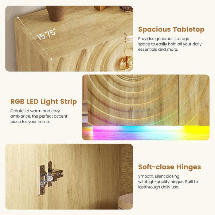 63" Sideboard Buffet Cabinet with Storage, Large Coffee Bar Cabinet with RGB Lights and Power Outlet, Modern Console with 4 Doors for Kitchen and Living Room, Wood Color