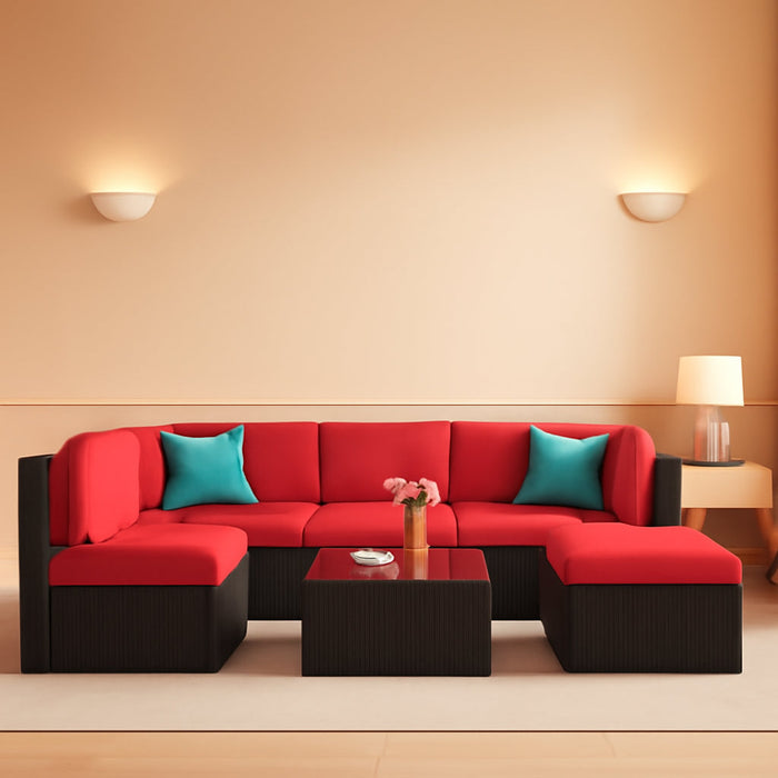 6 Pieces Patio Furniture Sets Outdoor All-Weather Sectional Patio Sofa Set PE Rattan Manual Weaving Wicker Patio Conversation Set with Glass Table&Ottoman Cushion and Red Pillows, Red