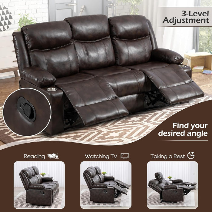 Reclining Sofa - 3 Seater Manual Recliner with Massage and Heat, Cup Holders, Loveseat Recliner Couch for Living Room(Brown)