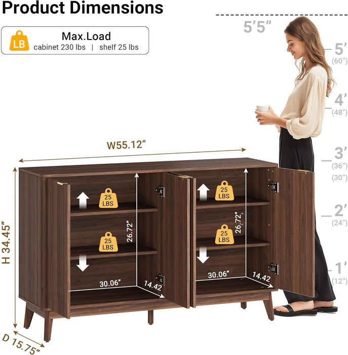 Walnut Fluted Sideboard Buffet Cabinet with Storage , 55In Large Wood Credenza Accent Cabinet for Living Room Entryway Dining Room, Media Console Table with Adjustable Shelves & Solid Wood Legs