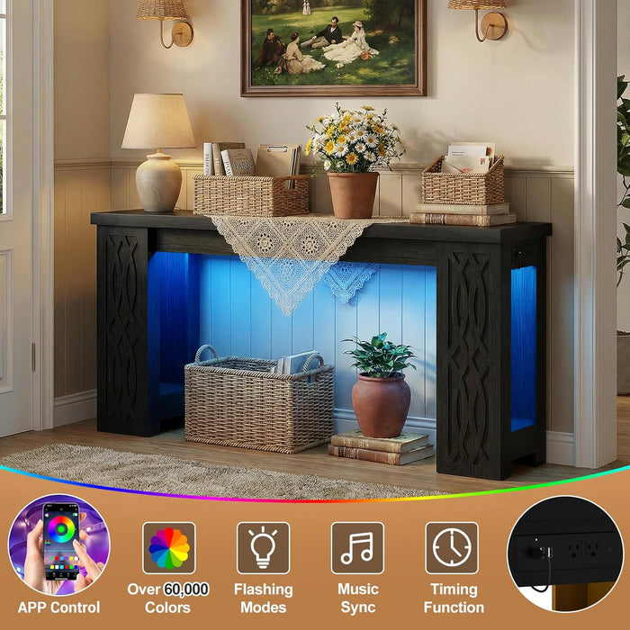 63" Console Table with Outlet, Farmhouse Entryway Table with Colorful LED Lights, Wooden Sofa Table with Unique Carved Design, Foyer Accent Table for Entrance, Hallway, Living Room