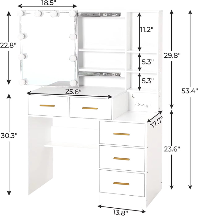 Makeup Vanity with Lights, Vanity Table with Charging Station, Vanity Desk with Sliding Mirror and 10 LED Light Bulbs,New USA