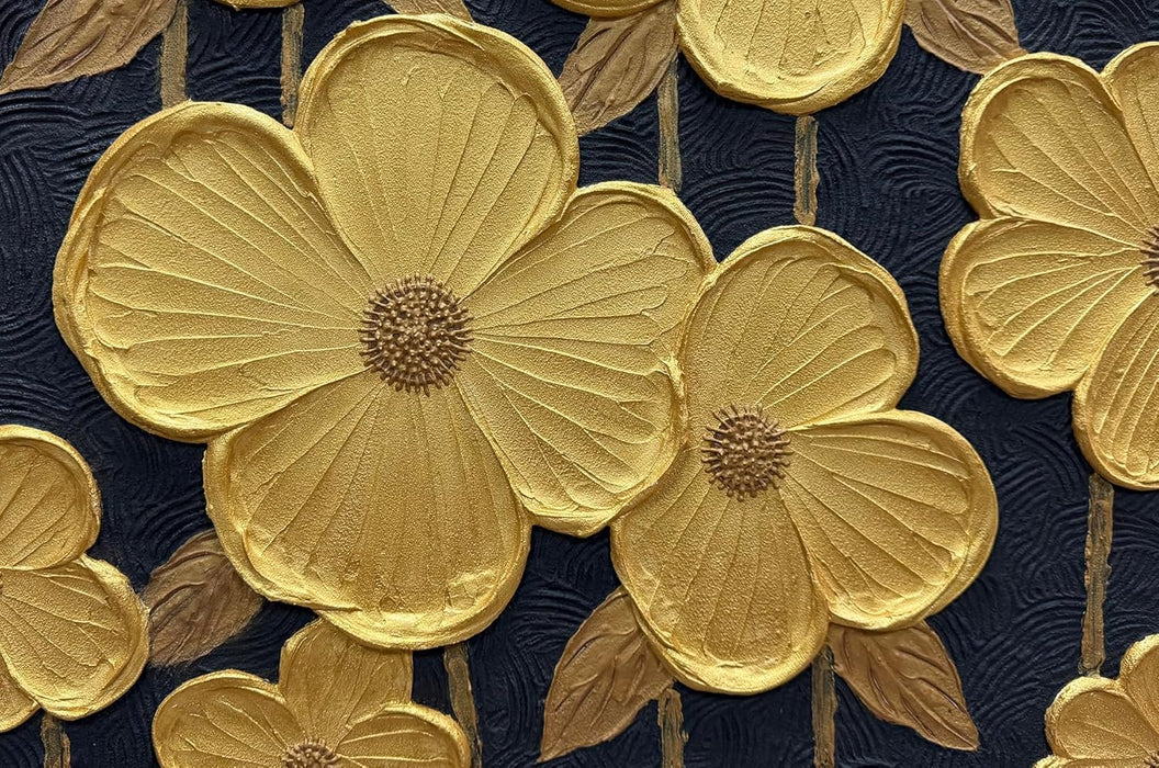 24 X 36In Hand-Painted Oil Painting 3D Texture Black White Grey Modern Minimalist Black Abstract Wall Art, Home Office Wall Decoration Gold Petal