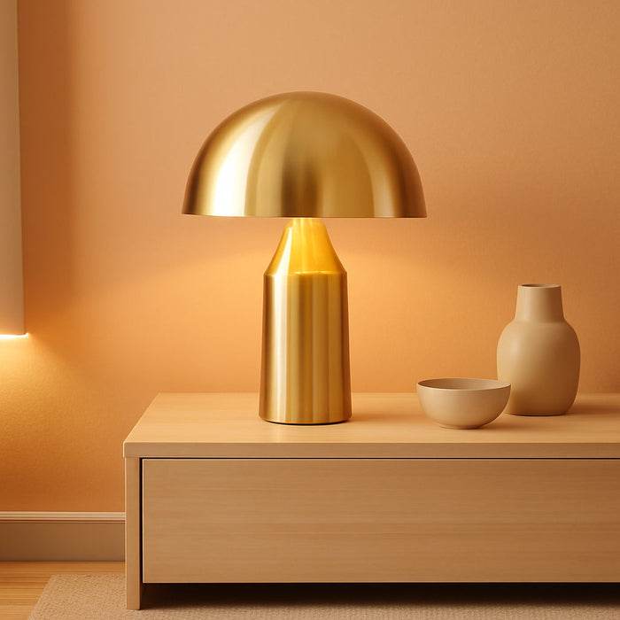 Venus Mushroom Table Lamp - Modern Lamp for Living Room, Bedroom Side/End Table - Dimmable, Unique Side Table LED Lamp Shade for Office, Reading - Brass/Gold, 14" Tall