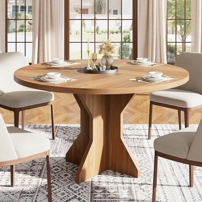 round Dining Table for 4-6 People - 47" Circle Kitchen Dinner Table with Sturdy Pedestal Base, Small Spaces Dinning Room Furniture for Living Room, Kitchen, Apartment, Brown
