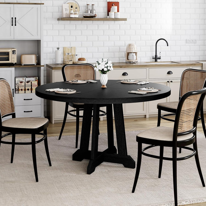 round Dining Table for 4, 47 Inches Dining Room Table with Wooden Base, Kitchen Table with Circle Tabletop, Dinner Table for Dining Room, Kitchen, Living Room, Black