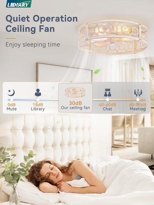 Caged Ceiling Fan with Light and Remote, 20In Small Low Profile Ceiling Fans with Lights, 6 Speed Farmhouse Flush Mount Ceiling Fan for Bedroom, Kitchen, Living Room-White and Gold