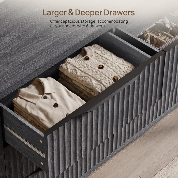 Bedroom Dresser with 6 Deep Wide Large Fluted Drawers for Closet